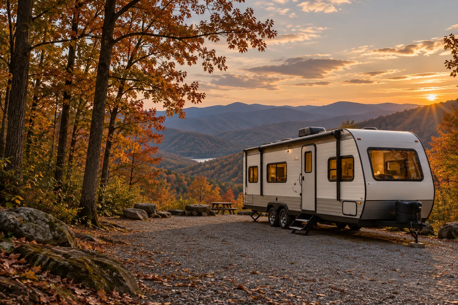 Travel trailer surrounded by golden autumn trees at a mountain campsite